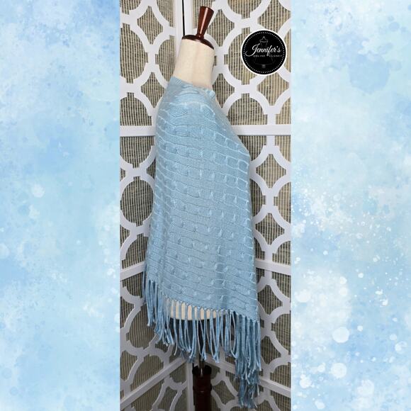 Chico's Light Blue Colleen Cable Knit Asymmetrical Fringe Poncho One Size - Picture 7 of 11